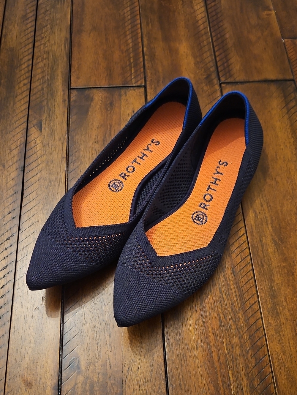Rothy's Navy Pointed Knit Flats with Orange Insole